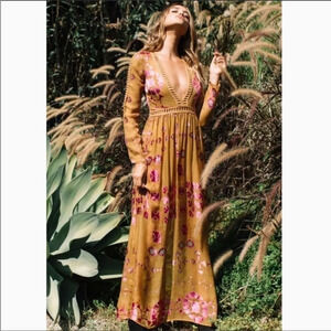 For Love & Lemons Barcelona Maxi Dress Silk Blend Mustard Yellow Sz XS